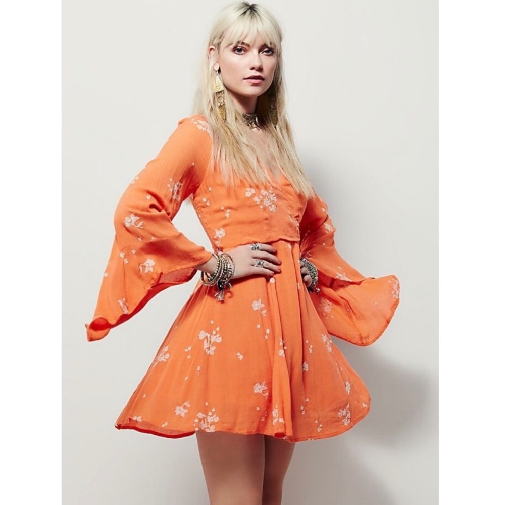 Free People Jasmine Embroidered Floral Fit And Flare Dress in Papaya Sz 0